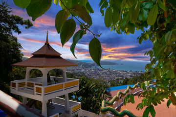 Buddah temple with beautiful views from top of mountain of Patong Phuket Thailand. Buddha religious...