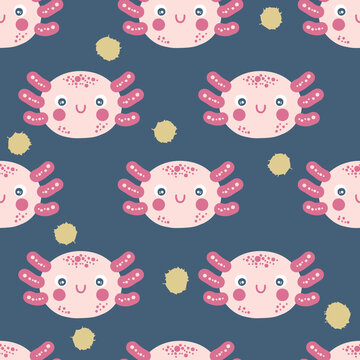 Seamless pattern with cute spotted axolotl salamander baby faces. Perfect for T-shirt, textile and print. Hand drawn vector illustration for decor and design.