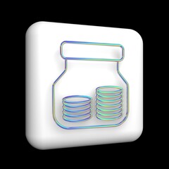 a sign in a glass jar with a lot of coins, a 3d icon on a white cube, an iridescent metal contour with glitter.