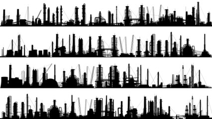 Set of horizontal stripe silhouettes with industrial part of city with factories, refineries and power plants. - 490876940