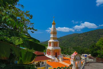 Buddah temple with beautiful views from top of mountain of Patong Phuket Thailand. Buddha religious...