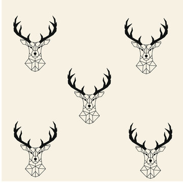 PATTERN. Deer geometry black lines on a light background. deer heads with antlers full face.