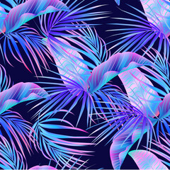 Jungle purple neon tropical leaves seamless pattern.Summer exotic botanical foliage.Fluorescent vectors colors.