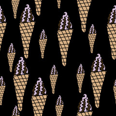 Ice cream cone seamless pattern, ice cream silhouettes on black background