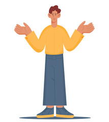Young men standing confusion don't know what to do. Flat vector illustration isolated on white background.