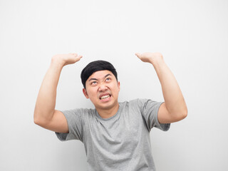 Man grey shirt gesture carry feeling heavy