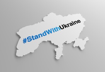 Stand with Ukraine hasttag on white Ukraine 3D map