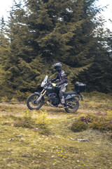 Reiseenduro auf Schotterweg in dunklem Wald