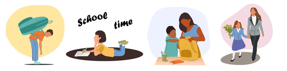 A set of vector illustrations preparing for school, boys and girls getting ready for school, going to school, back to school.