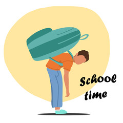 a little boy carries a heavy backpack, a schoolboy bent over from the weight of the backpack, a briefcase is too heavy, vector illustration
