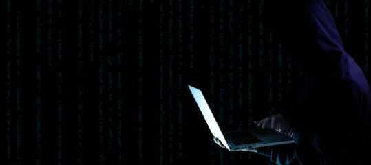Cyber attack hacker concept. Internet web hack technology. Digital laptop in hacker man hand...