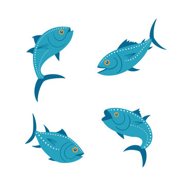 A set of different tuna swimming in different directions