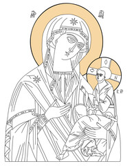 Orthodox icon of Holy Mother, God Mother of God Queen of Heaven with Divine Son Jesus Christ Child. Virgin Mary Directress Icon. Linear hand drawing. vector illustration, outline
