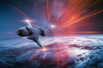 Space shuttle on earth orbit. Stylized space travel and science background. © Jamo Images