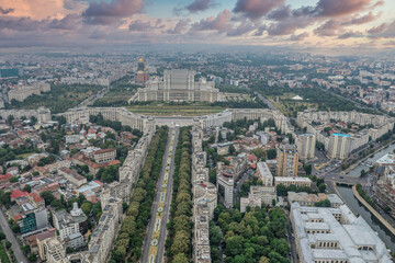 Palace of Parliament in Bucharest City Centter, Capital of Romania seen by drone