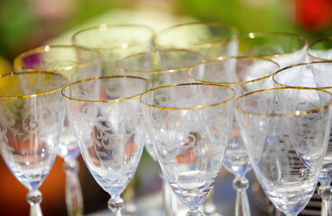 Crystal glasses for holiday, a lot of glasses for guests
