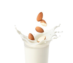 Almond milk splash with almond nuts isolated on white baclground.