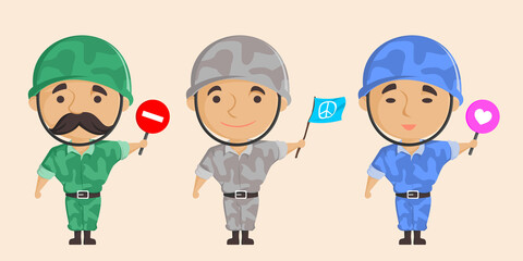 three cute soldiers with a message of peace and love. stop war iran vs united states