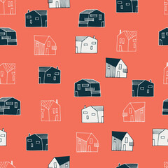 Seamless pattern with small detached, single-family houses on red background for surface design and other design projects