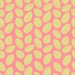 Seamless pattern with elm tree branches and leaves on Coral background for surface design, wallpaper, fabrics, home decor. Monochrome pastel realistic line art
