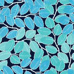 Seamless pattern with elm tree branches and leaves on dark blue background for surface design and other design projects. Monochrome realistic line art