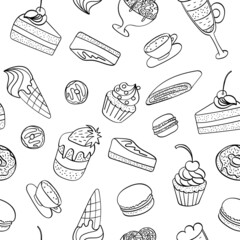 Seamless pattern with sweet dessert doodles. Hand drawn cakes on white background. Vector illustration.