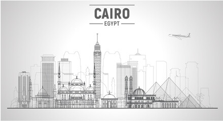 Cairo (Egypt) line skyline on a white background. Flat vector illustration. Business travel and tourism concept with modern buildings. Image for banner or web site. - obrazy, fototapety, plakaty