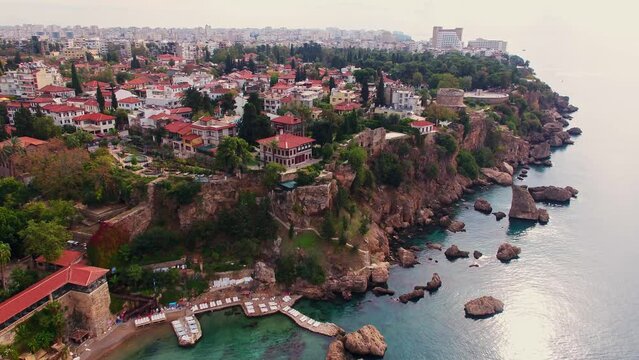 Aerial wide angle view of Kaleici area Falez and Karaalioglu Park, Antalya Cityscape