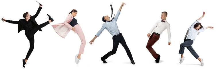 Happy office workers jumping and dancing in business style outfits, clothes on white background. Collage, flyer, poster