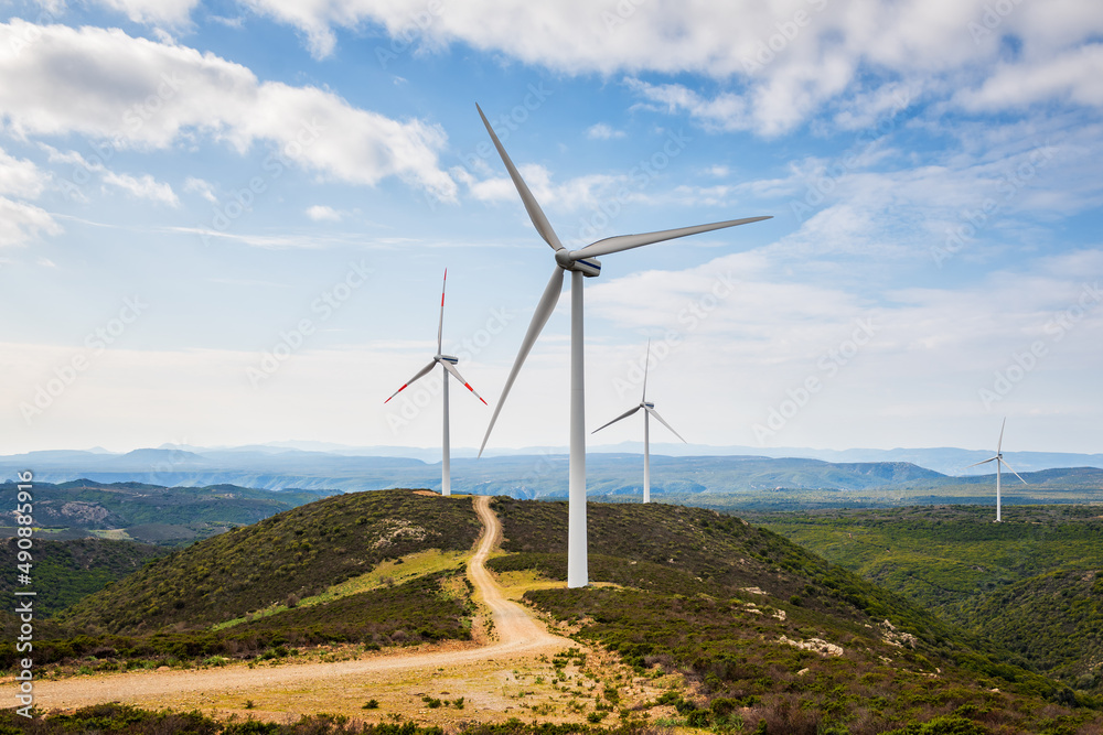 Wall mural turbines in a mountain wind farm. ecological energy production.