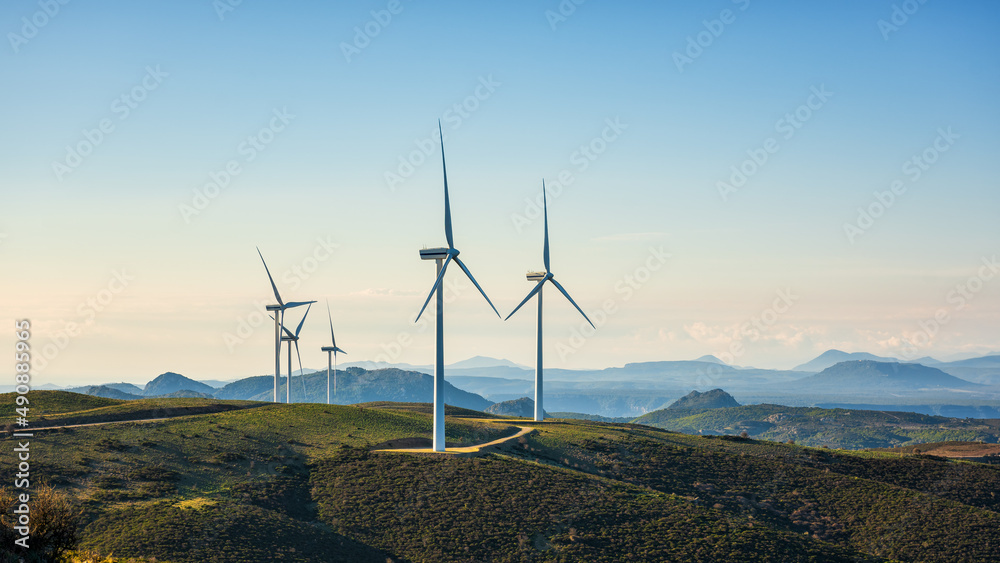 Wall mural turbines in a mountain wind farm. ecological energy production.