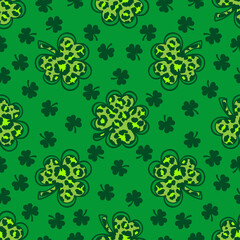 St. Patrick's Day seamless pattern, Shamrock and leopard print. Shamrock seamless pattern, Green clover repeating background. Vector illustration