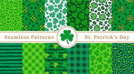 Shamrock and lucky clover seamless pattern set, St. Patrick's Day green background. Leopard print, Buffalo plaid, Four leaf clover. Vector illustration