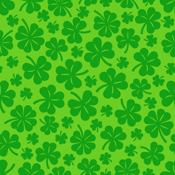 St. Patrick's Day green background, Shamrock seamless pattern. Lucky clover repeating pattern, Vector illustration