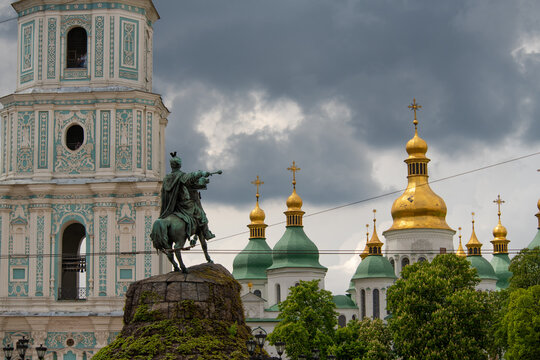 monument to Bohdan Khmelnitsky against the backdrop of St. Sophia's Cathedral and a stormy sky in Kyiv, Ukraine, march 2022