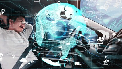 Self-driving autonomous car with relaxed young man sitting at driver seat is driving on busy highway road in the city. conceptual of machine learning, artificial intelligence and augmented reality.