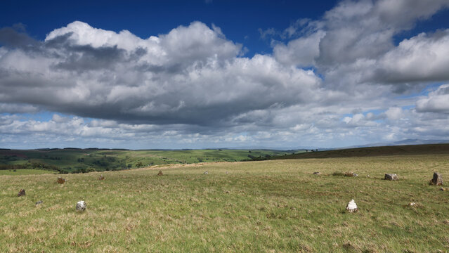 Y Pigwyn ancient stone circle on Trecastle Mountain, Wales, UK
