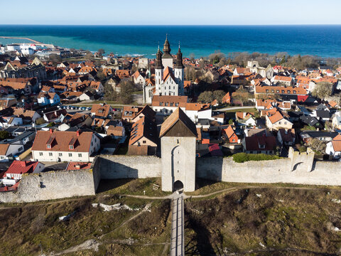 Aerial view of fhe  Dalmansporten, or Dalman gate, along the medieval city wall of Visby in the Gotland island in Swedeon on a sunny winter day