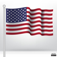 Waving USA flag on a metallic pole isolate on white background. The American flag,
The Stars and Stripes
Red, White, and Blue.Old Glory. American flag sign. Vector illustration sign.