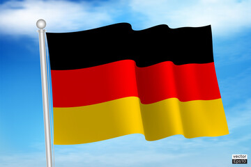 Waving Germany flag with a metallic pole isolate on blue sky background. National flag of Germany is flying. Reichsbanner Schwarz-Rot-Gold Vector illustration sign.