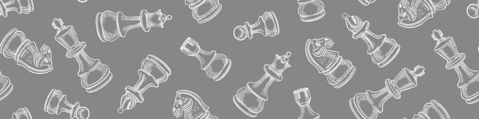 Hand drawn chess pieces seamless pattern. Check mate figures on gray background. Vector illustration.