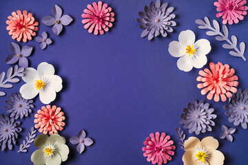 Flower pattern flat lay on trendy violet background. Paper art, handcraft, very peri