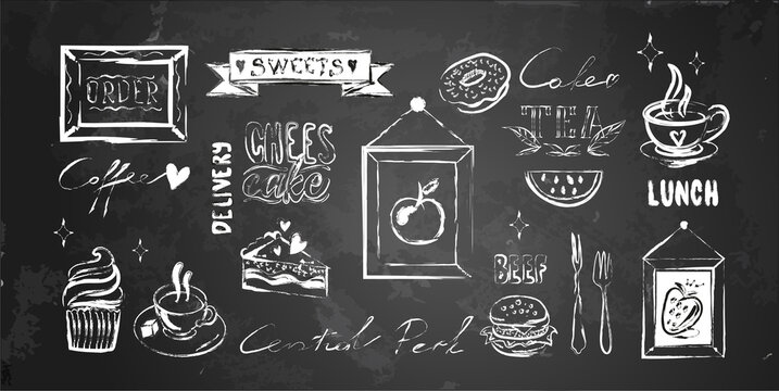 Vector illustration of fast food elements, logo and labels, frames, decorations, handwritten words, decoration for cafe menu on chalkboard. Chalk texture on blackboard.