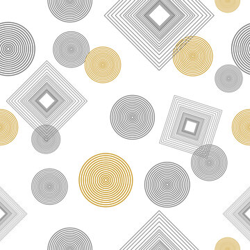 Seamless pattern of geometric shape in rectangle and circle in mulitple layer in grey and yellow on white background for wrapping paper and cover or textile
