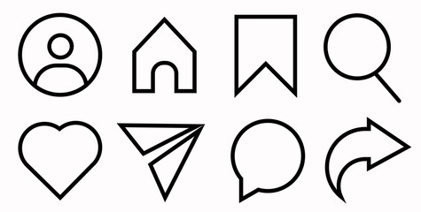 Minimalist social media icons, instagram Like, comment, share and save icons. social media flat icon