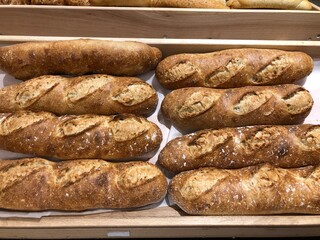 Freshly baked mini baguette bread rolls