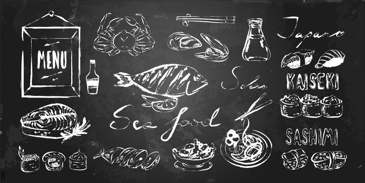 Vector illustration of seafood and japan kithen, sushi and fish dishes, handwritten words, decoration for cafe menu on chalkboard. Chalk texture on blackboard.