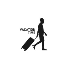 Walking man holding suitcase for vacation black vector silhouette or logo illustration.
