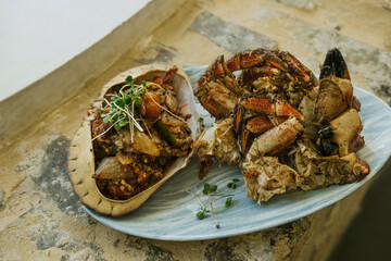 Stir fried crabs. Image of portion of food. 