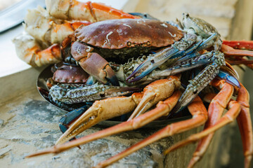 Image of plate of seafood. Dish of crabs. Crabs background